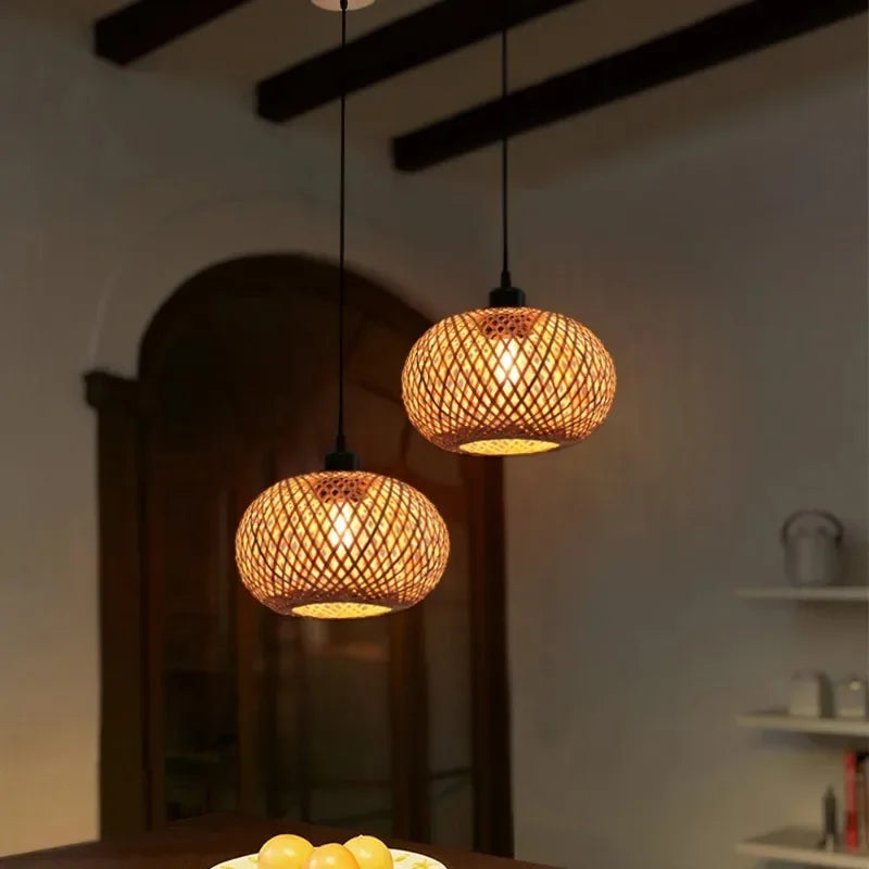 Lâmpada pingente de bambu lustre pendurado lâmpada artesanal rattan pingente luminária restaurante sala jantar iluminação interior