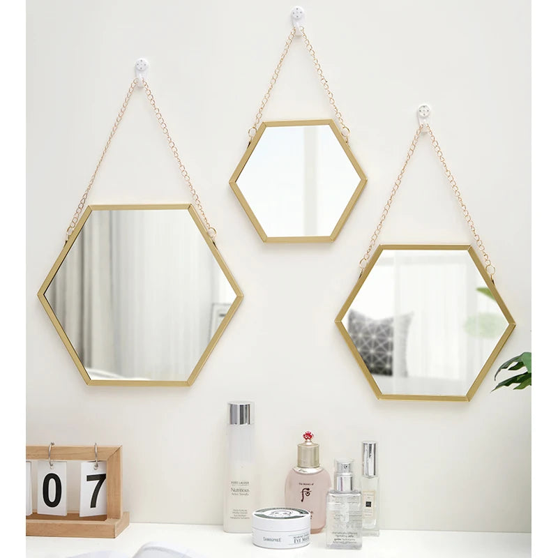 Forma hexagonal espelho decorativo decoração da parede maquiagem pendurado espelho banheiro espelho cosmético quarto decoração da parede