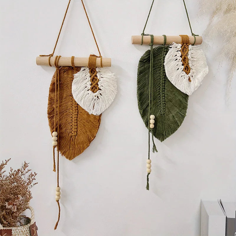 Pequeno macrame parede pendurado boho tecido folha macrame tapeçaria arte da parede para o quarto casa decoração presente para mulheres meninas