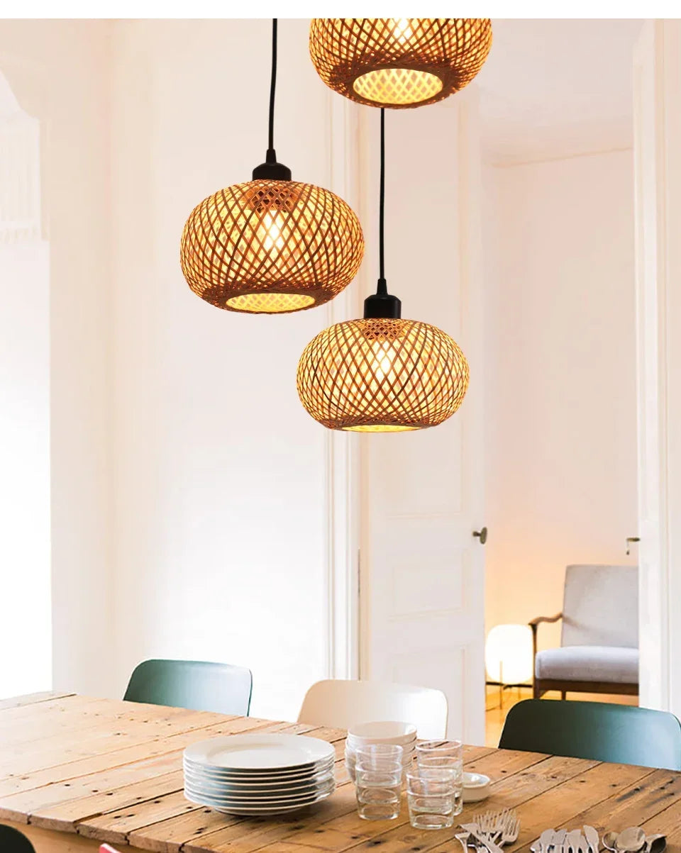 Lâmpada pingente de bambu lustre pendurado lâmpada artesanal rattan pingente luminária restaurante sala jantar iluminação interior