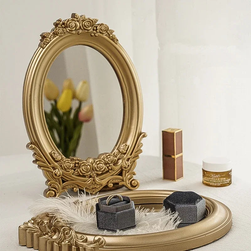 Molde de escultura rústica, espelho dourado, bandeja de decoração para casa, espelho decorativo para quarto, mesa, maquiagem