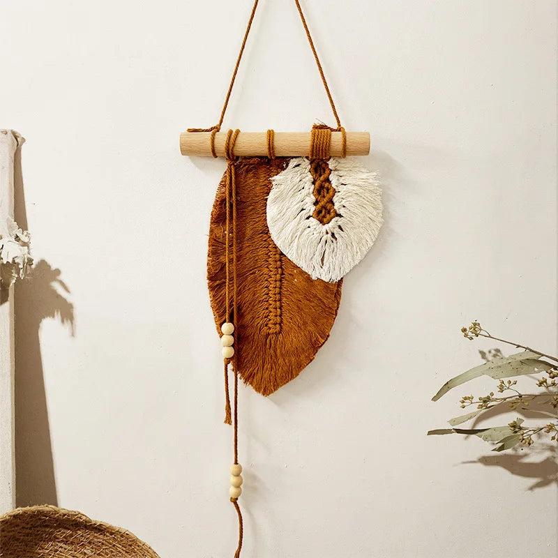 Pequeno macrame parede pendurado boho tecido folha macrame tapeçaria arte da parede para o quarto casa decoração presente para mulheres meninas