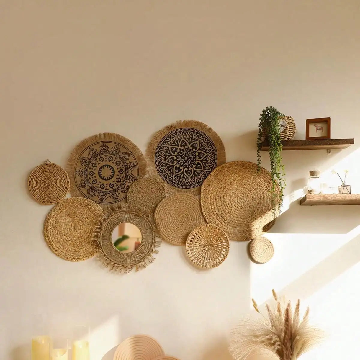 Pendurado cesta de parede de pano tecido artesanal decorativo rústico boho cestas de parede decoração casa fazenda vime redondo cestas de ervas marinhas