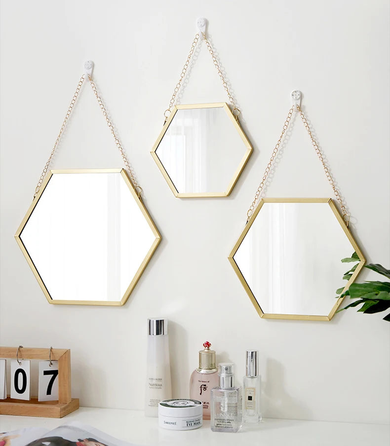 Forma hexagonal espelho decorativo decoração da parede maquiagem pendurado espelho banheiro espelho cosmético quarto decoração da parede