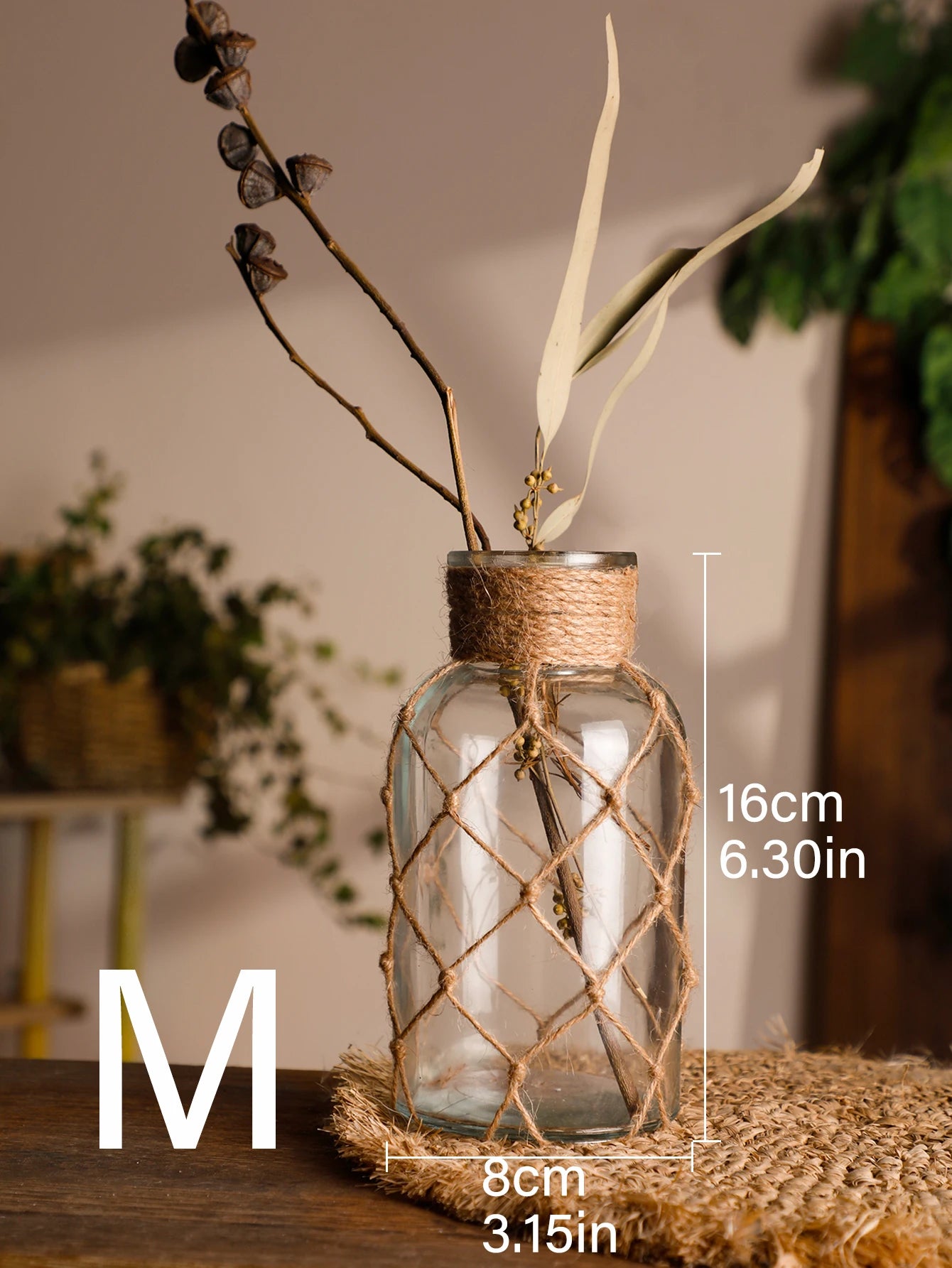 Mão tecido corda de cânhamo vaso de vidro flor seca decoração arte vaso de vidro nordic sala estar decoração mesa quarto boho decoração para casa