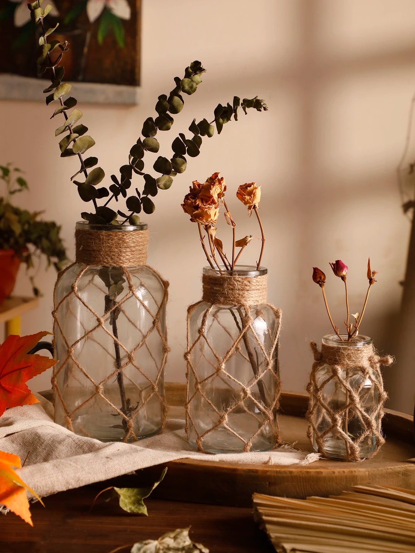 Mão tecido corda de cânhamo vaso de vidro flor seca decoração arte vaso de vidro nordic sala estar decoração mesa quarto boho decoração para casa