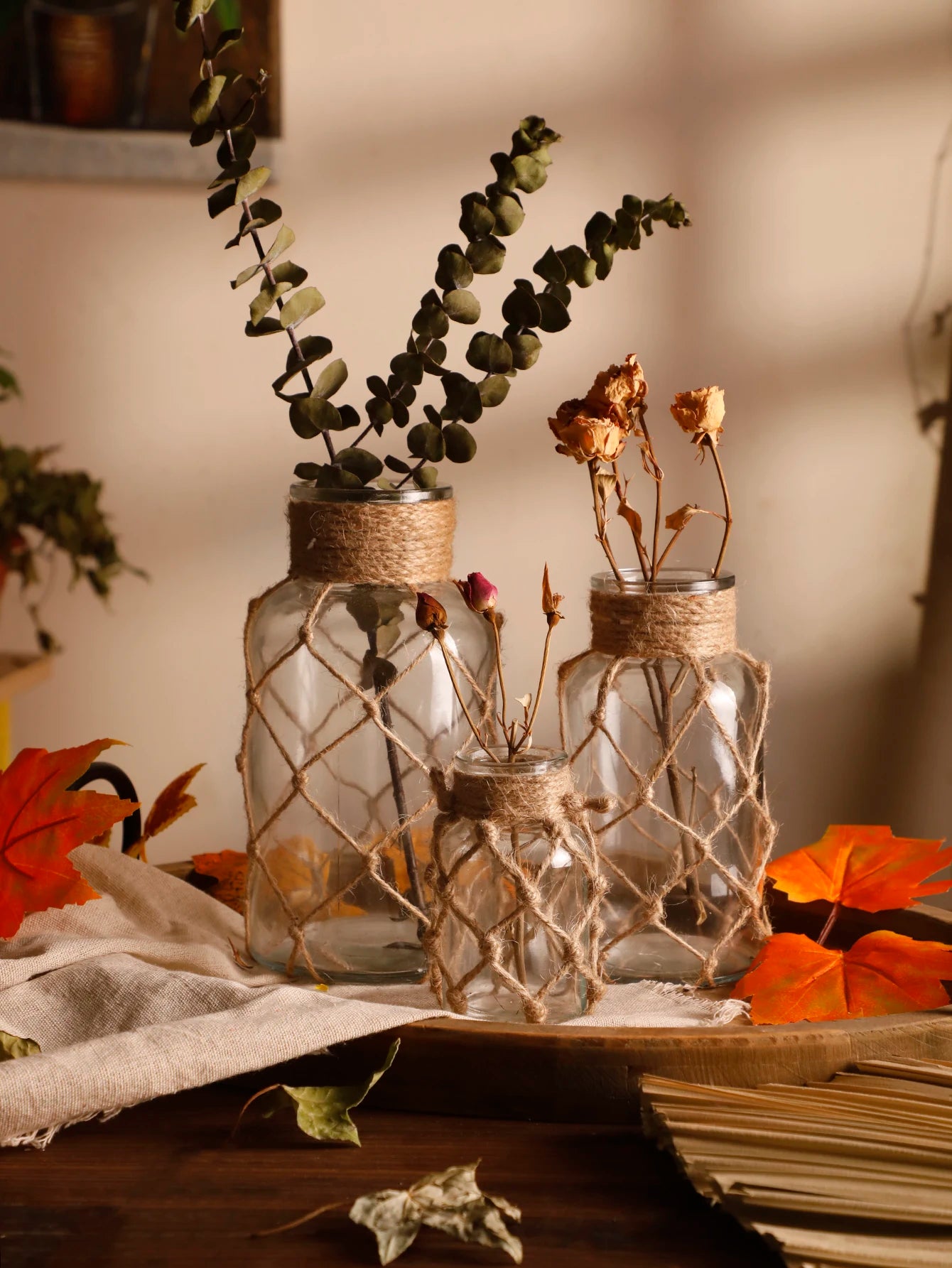 Mão tecido corda de cânhamo vaso de vidro flor seca decoração arte vaso de vidro nordic sala estar decoração mesa quarto boho decoração para casa