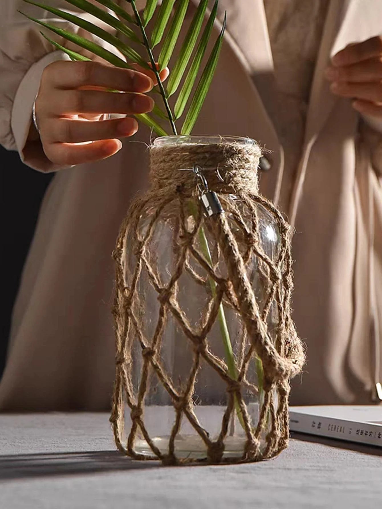Mão tecido corda de cânhamo vaso de vidro flor seca decoração arte vaso de vidro nordic sala estar decoração mesa quarto boho decoração para casa