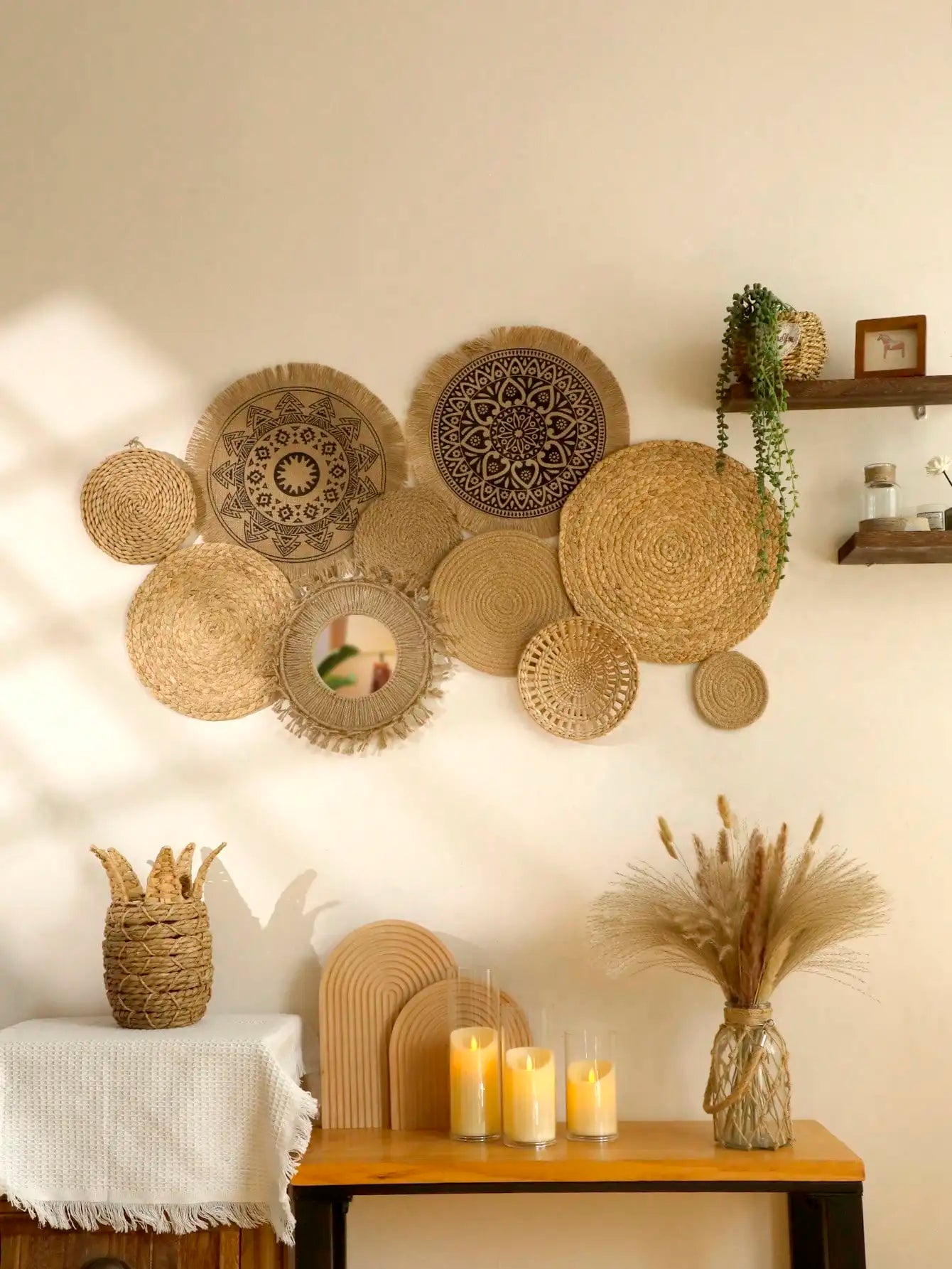 Pendurado cesta de parede de pano tecido artesanal decorativo rústico boho cestas de parede decoração casa fazenda vime redondo cestas de ervas marinhas