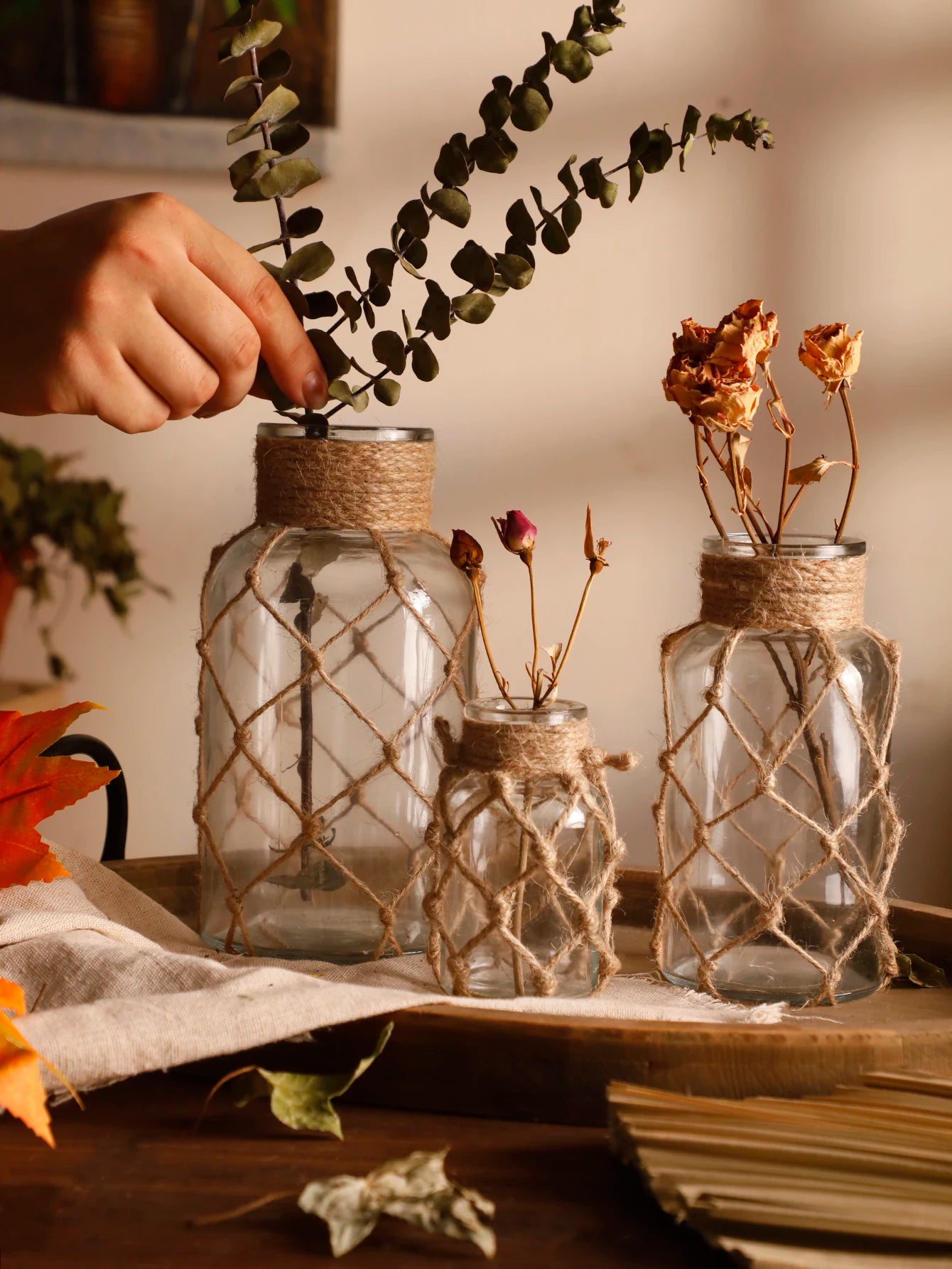Mão tecido corda de cânhamo vaso de vidro flor seca decoração arte vaso de vidro nordic sala estar decoração mesa quarto boho decoração para casa