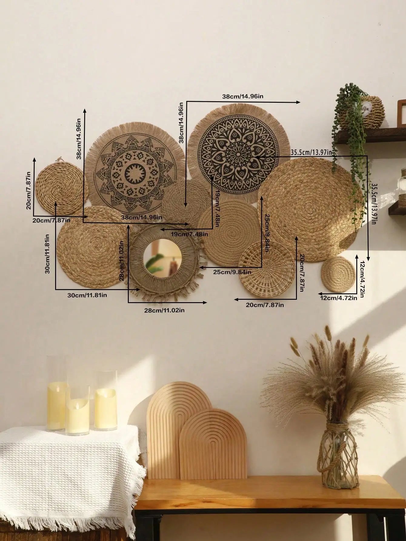Pendurado cesta de parede de pano tecido artesanal decorativo rústico boho cestas de parede decoração casa fazenda vime redondo cestas de ervas marinhas