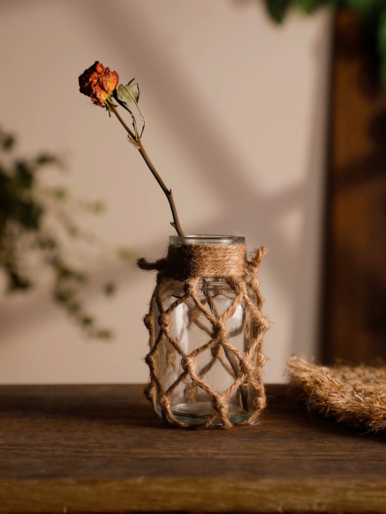 Mão tecido corda de cânhamo vaso de vidro flor seca decoração arte vaso de vidro nordic sala estar decoração mesa quarto boho decoração para casa
