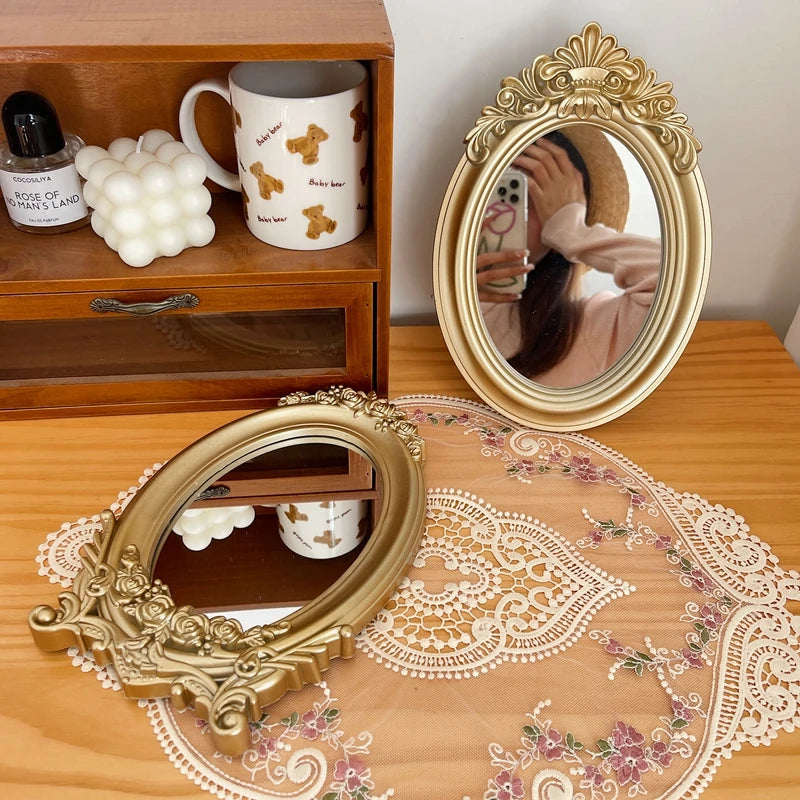 Molde de escultura rústica, espelho dourado, bandeja de decoração para casa, espelho decorativo para quarto, mesa, maquiagem