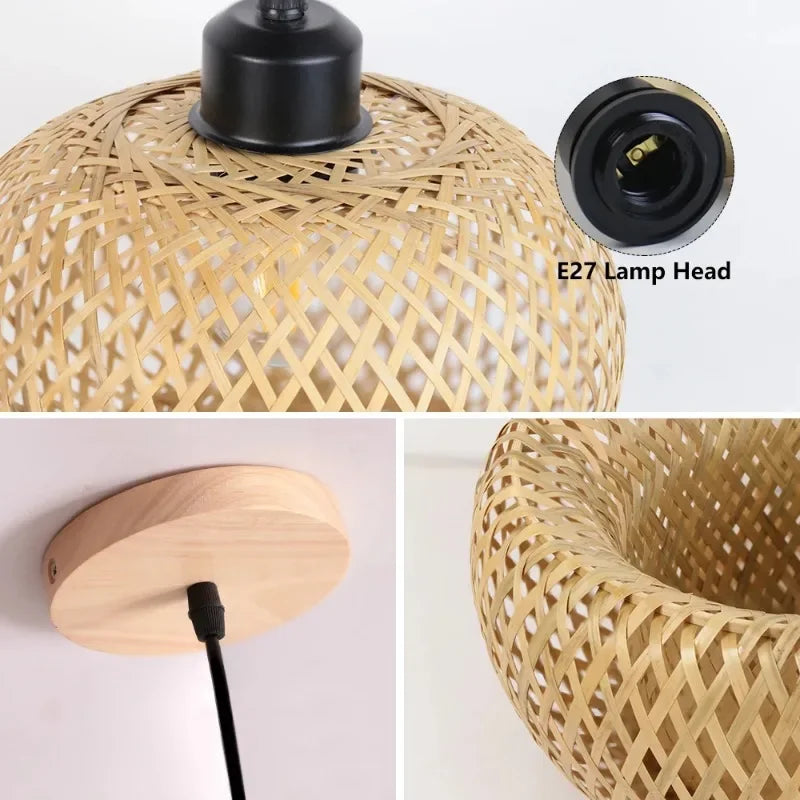 Lâmpada pingente de bambu lustre pendurado lâmpada artesanal rattan pingente luminária restaurante sala jantar iluminação interior