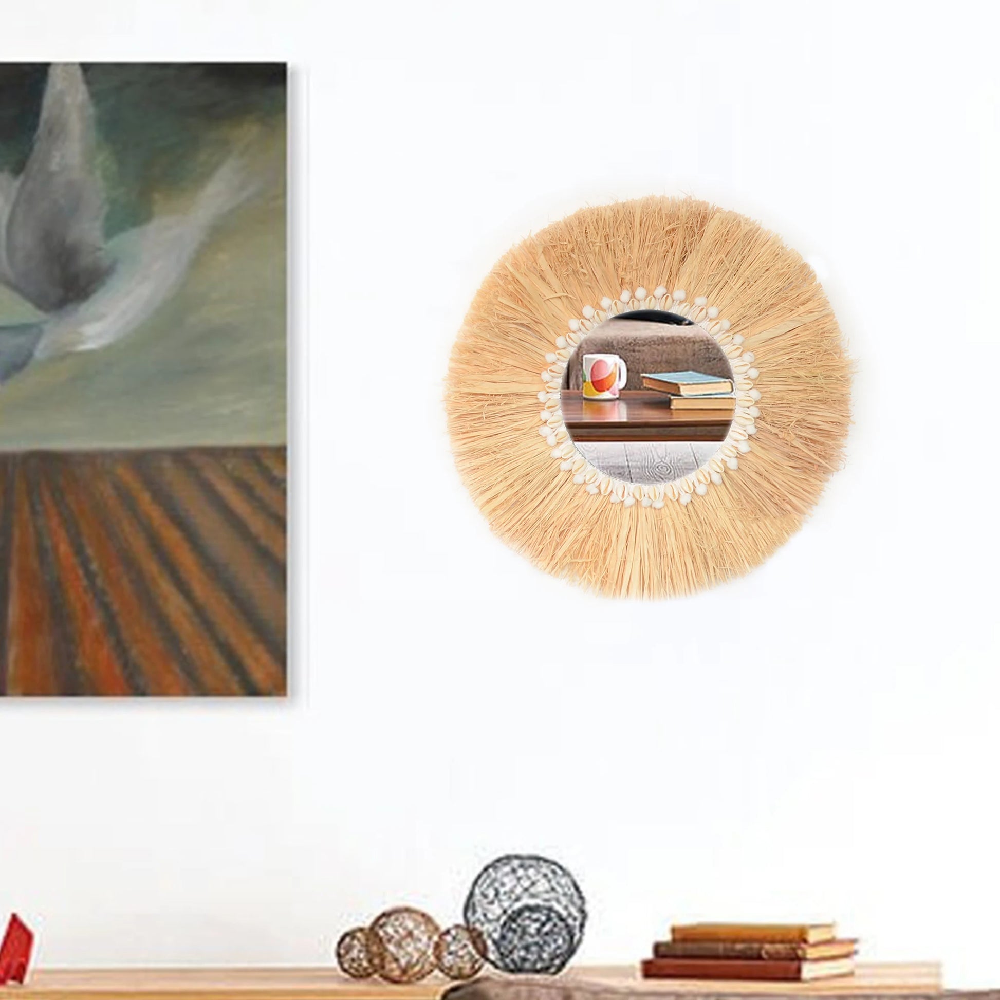Boho mobiliário doméstico floresta ráfia espelhos de parede decorativos ráfia tecido escudo pequeno fio bola tapeçaria sala estar decoração espelho