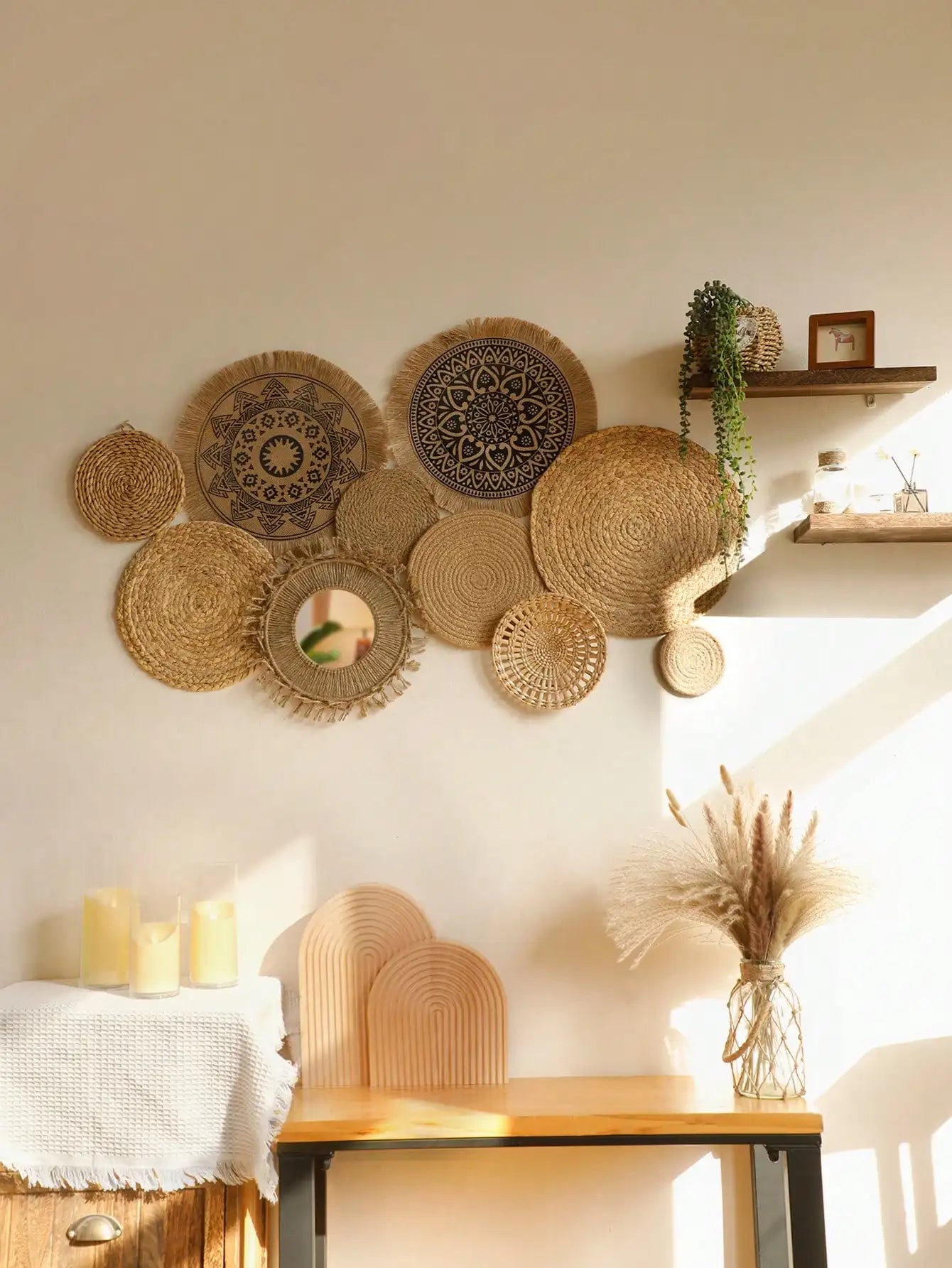 Pendurado cesta de parede de pano tecido artesanal decorativo rústico boho cestas de parede decoração casa fazenda vime redondo cestas de ervas marinhas