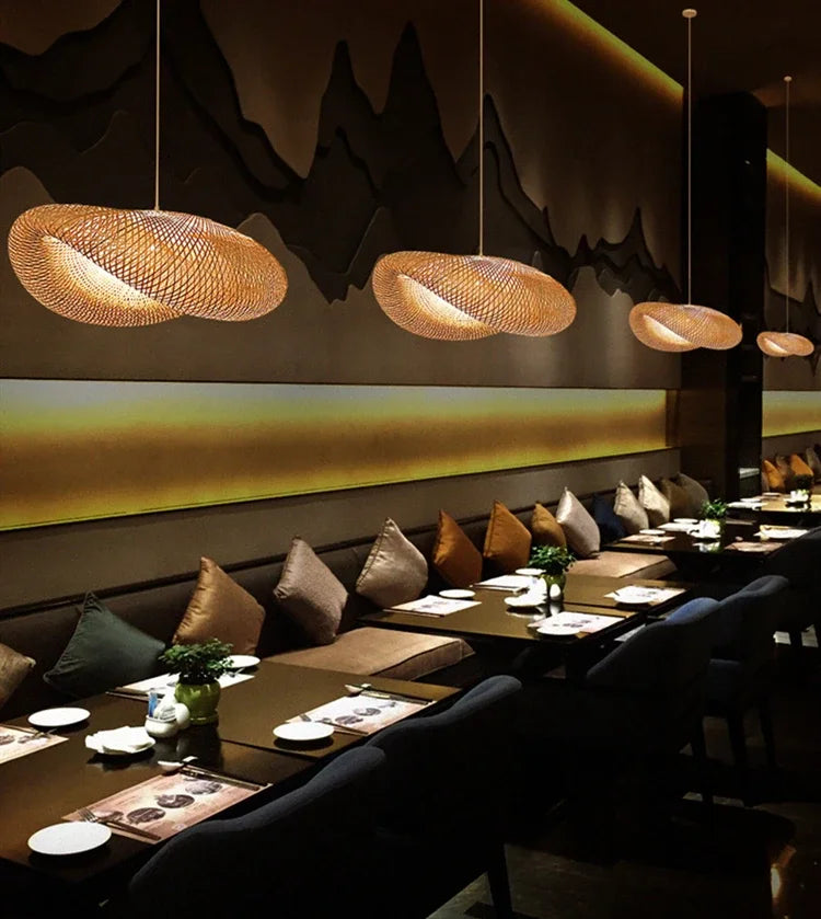 2025 mais novo pingente de bambu lâmpadas luzes teto rattan vime lustre mão malha trança suspensa casa jantar trançado decoração quente