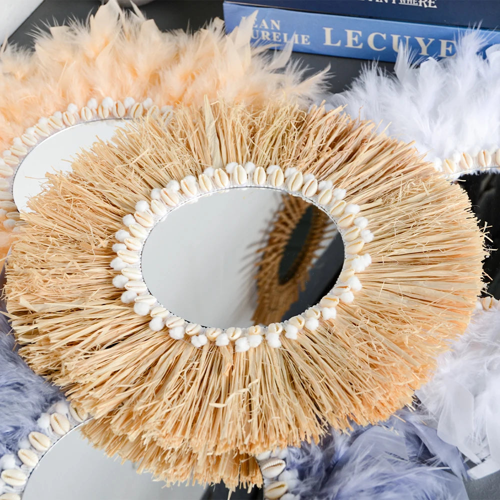 Boho mobiliário doméstico floresta ráfia espelhos de parede decorativos ráfia tecido escudo pequeno fio bola tapeçaria sala estar decoração espelho