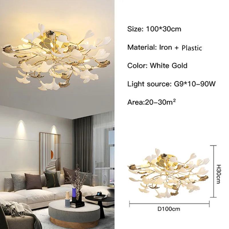 Moderno nórdico ginkgo ramo folha g9 led lustre de teto para sala estar jantar luminária decoração casa lustre iluminação interior