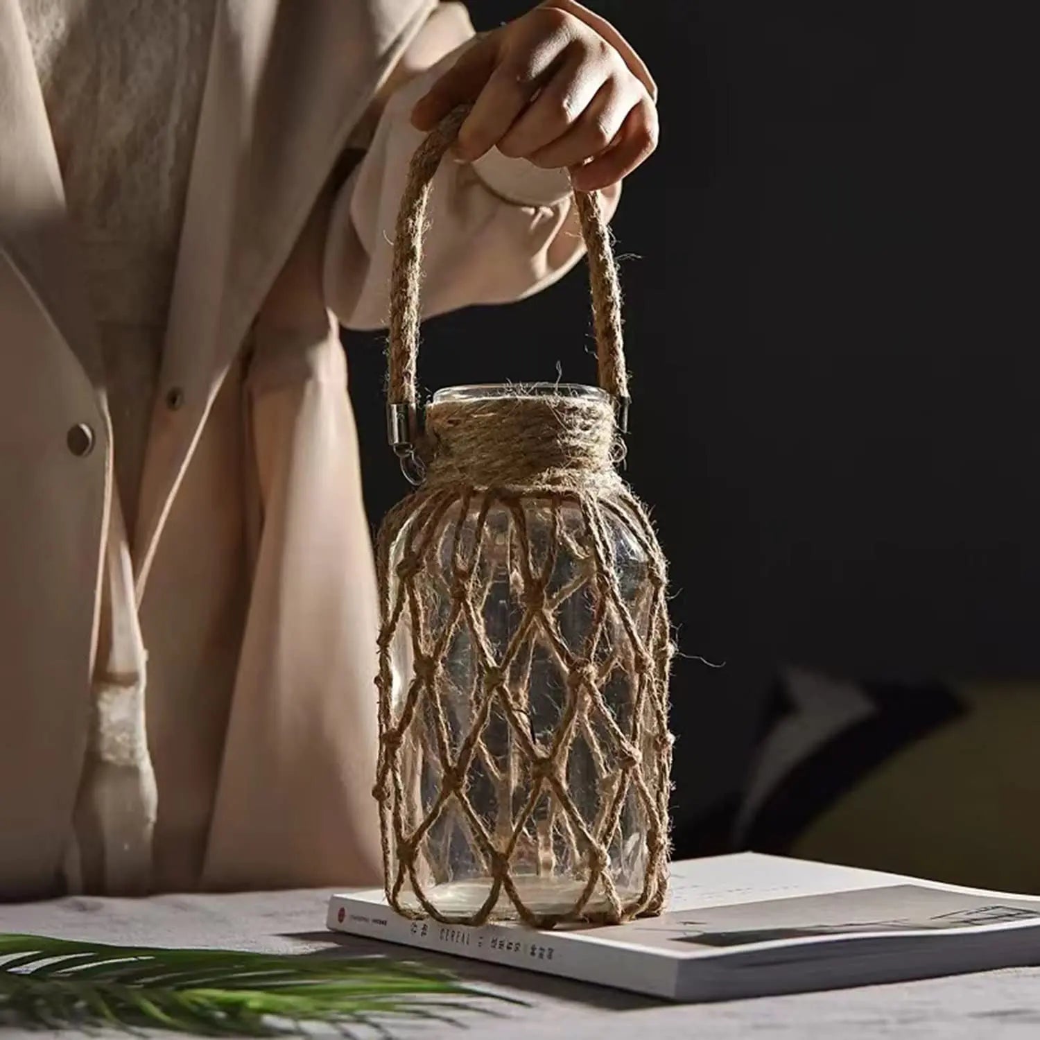 Mão tecido corda de cânhamo vaso de vidro flor seca decoração arte vaso de vidro nordic sala estar decoração mesa quarto boho decoração para casa