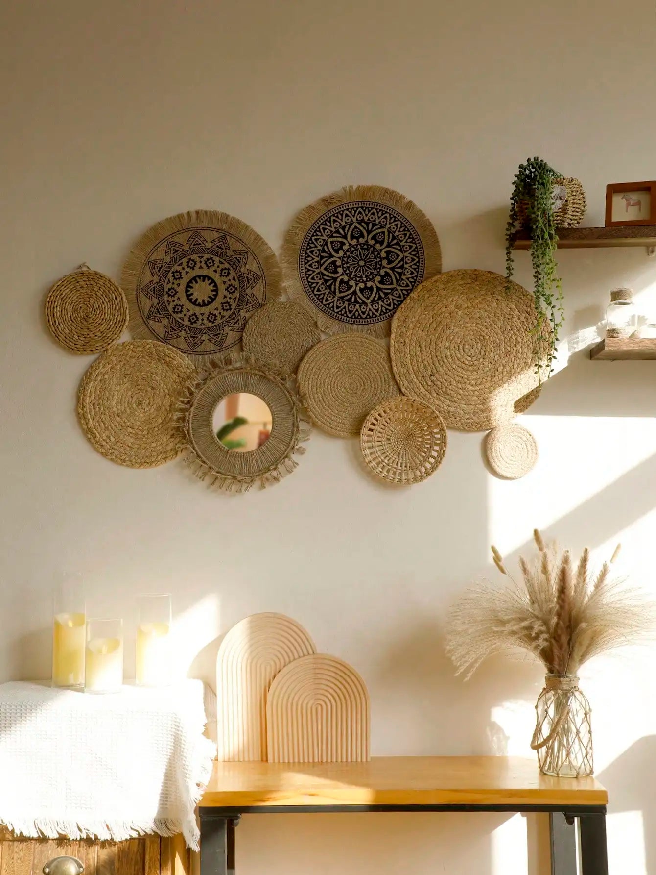 Pendurado cesta de parede de pano tecido artesanal decorativo rústico boho cestas de parede decoração casa fazenda vime redondo cestas de ervas marinhas