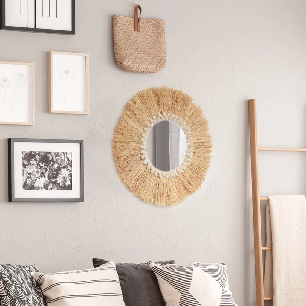 Boho mobiliário doméstico floresta ráfia espelhos de parede decorativos ráfia tecido escudo pequeno fio bola tapeçaria sala estar decoração espelho