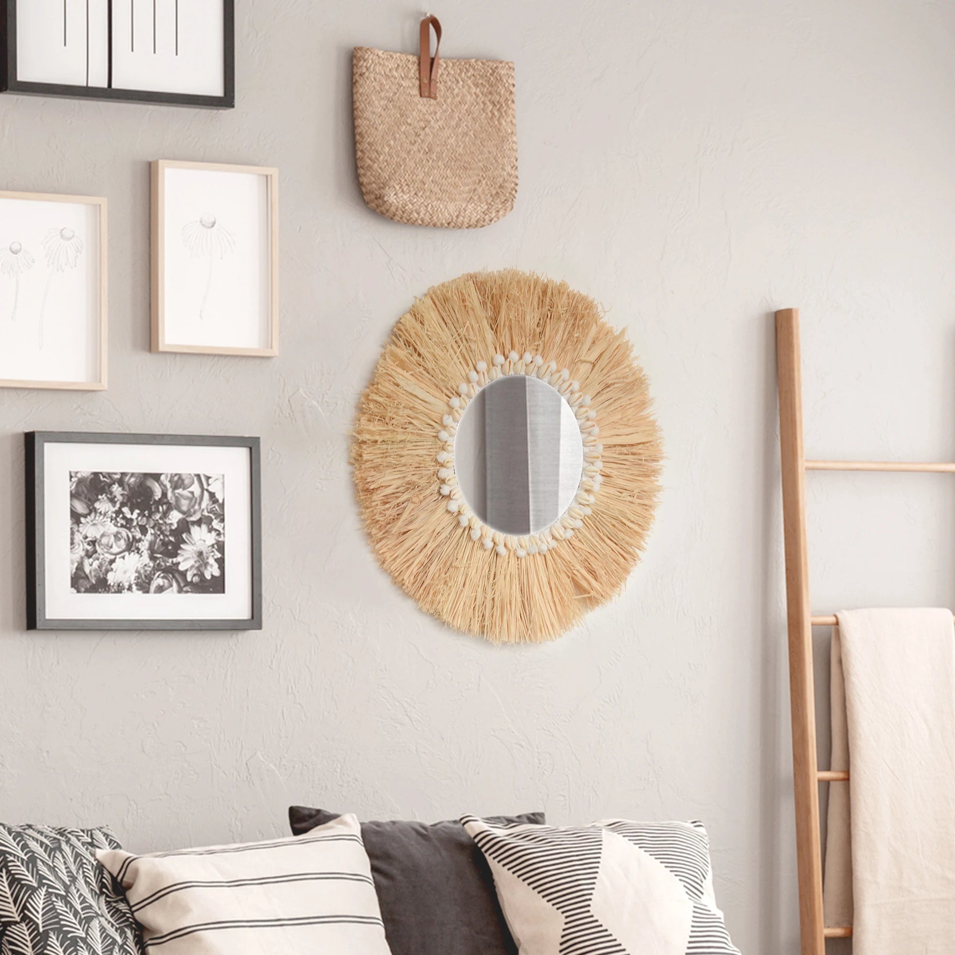 Boho mobiliário doméstico floresta ráfia espelhos de parede decorativos ráfia tecido escudo pequeno fio bola tapeçaria sala estar decoração espelho