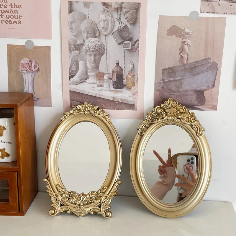 Molde de escultura rústica, espelho dourado, bandeja de decoração para casa, espelho decorativo para quarto, mesa, maquiagem