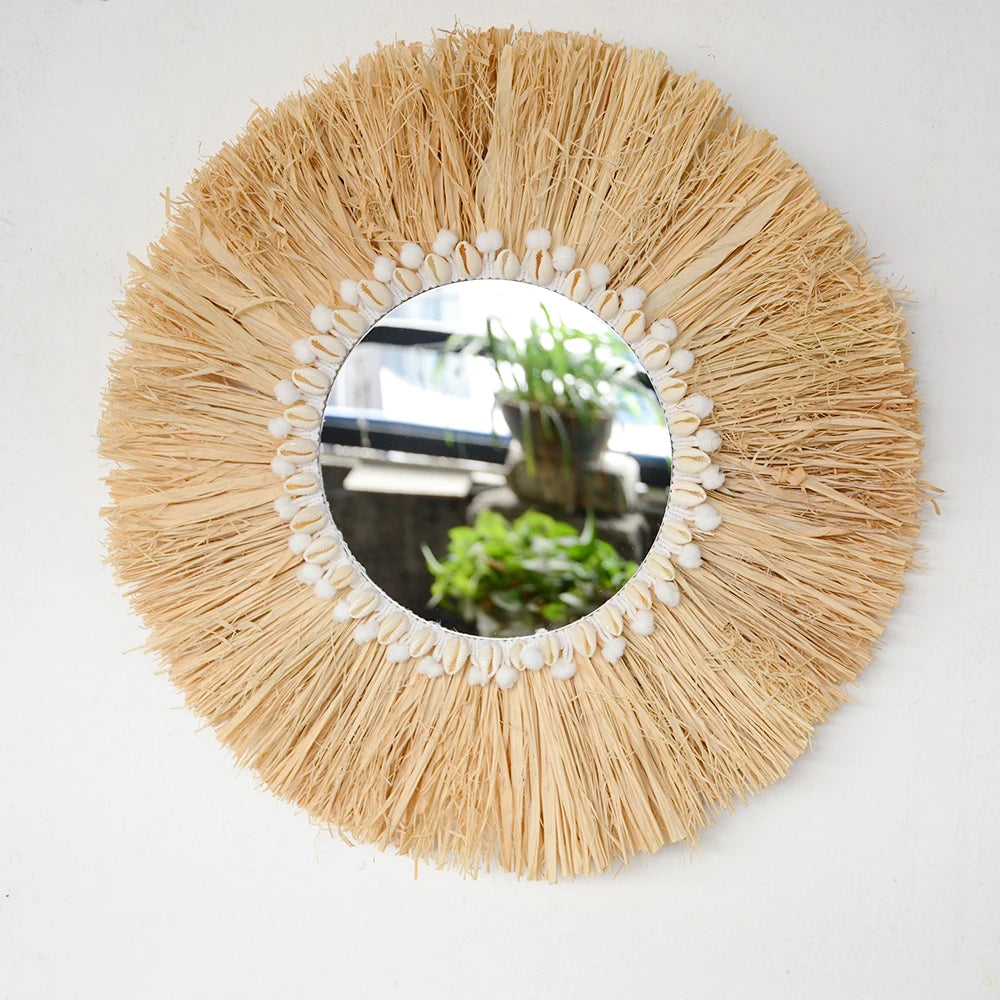Boho mobiliário doméstico floresta ráfia espelhos de parede decorativos ráfia tecido escudo pequeno fio bola tapeçaria sala estar decoração espelho