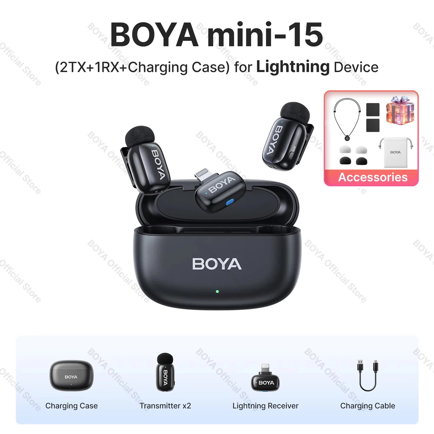 BOYA BOYA Mini Microfone de lapela sem fio com cancelamento de ruído para iPhone iPhone15-16 iPad Android Tipo C Smartphone, Câmera, YouTube Jogo Áudio ao vivo Gravação de vídeo Entrevista Vlog Transmissão sem fio 100m
