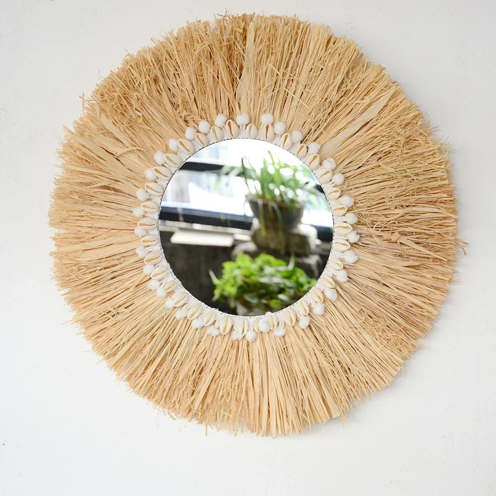 Boho mobiliário doméstico floresta ráfia espelhos de parede decorativos ráfia tecido escudo pequeno fio bola tapeçaria sala estar decoração espelho