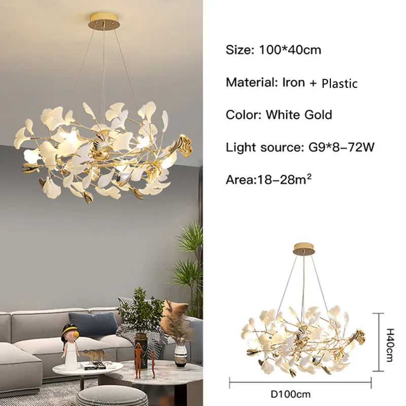 Moderno nórdico ginkgo ramo folha g9 led lustre de teto para sala estar jantar luminária decoração casa lustre iluminação interior
