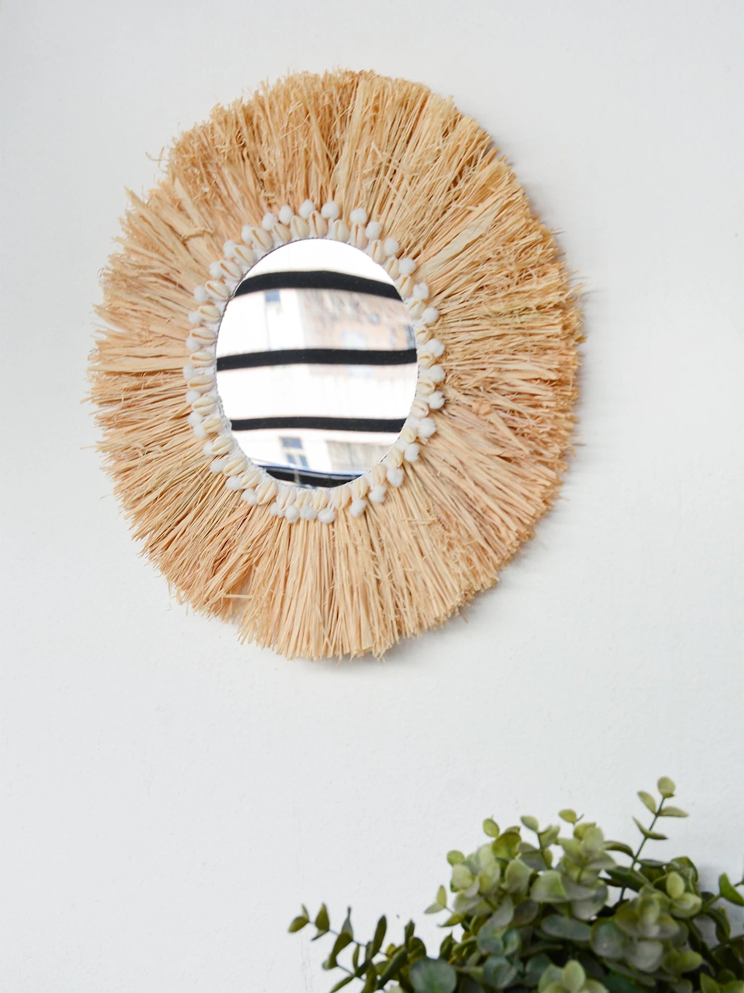 Boho mobiliário doméstico floresta ráfia espelhos de parede decorativos ráfia tecido escudo pequeno fio bola tapeçaria sala estar decoração espelho