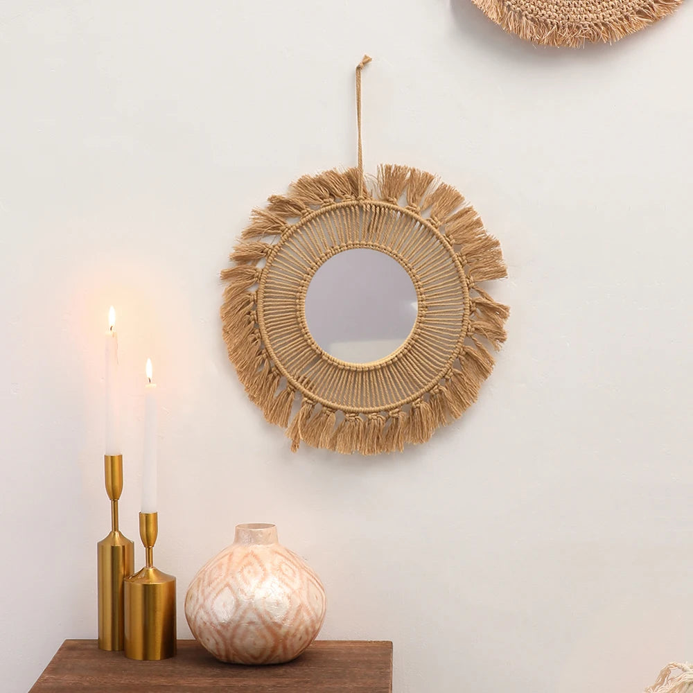 Espelhos de parede redondos decoração do quarto mão tecido espelho decorativo pendurado na parede para apartamento sala estar quarto decoração casa