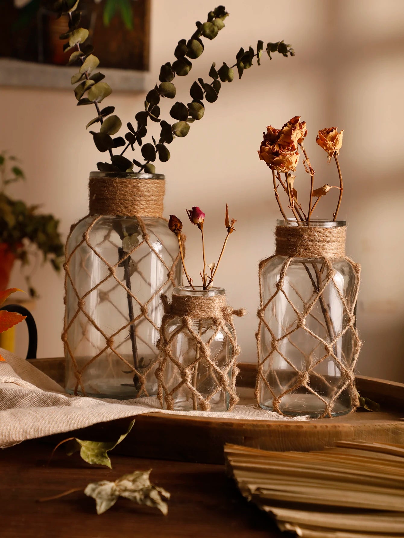 Mão tecido corda de cânhamo vaso de vidro flor seca decoração arte vaso de vidro nordic sala estar decoração mesa quarto boho decoração para casa