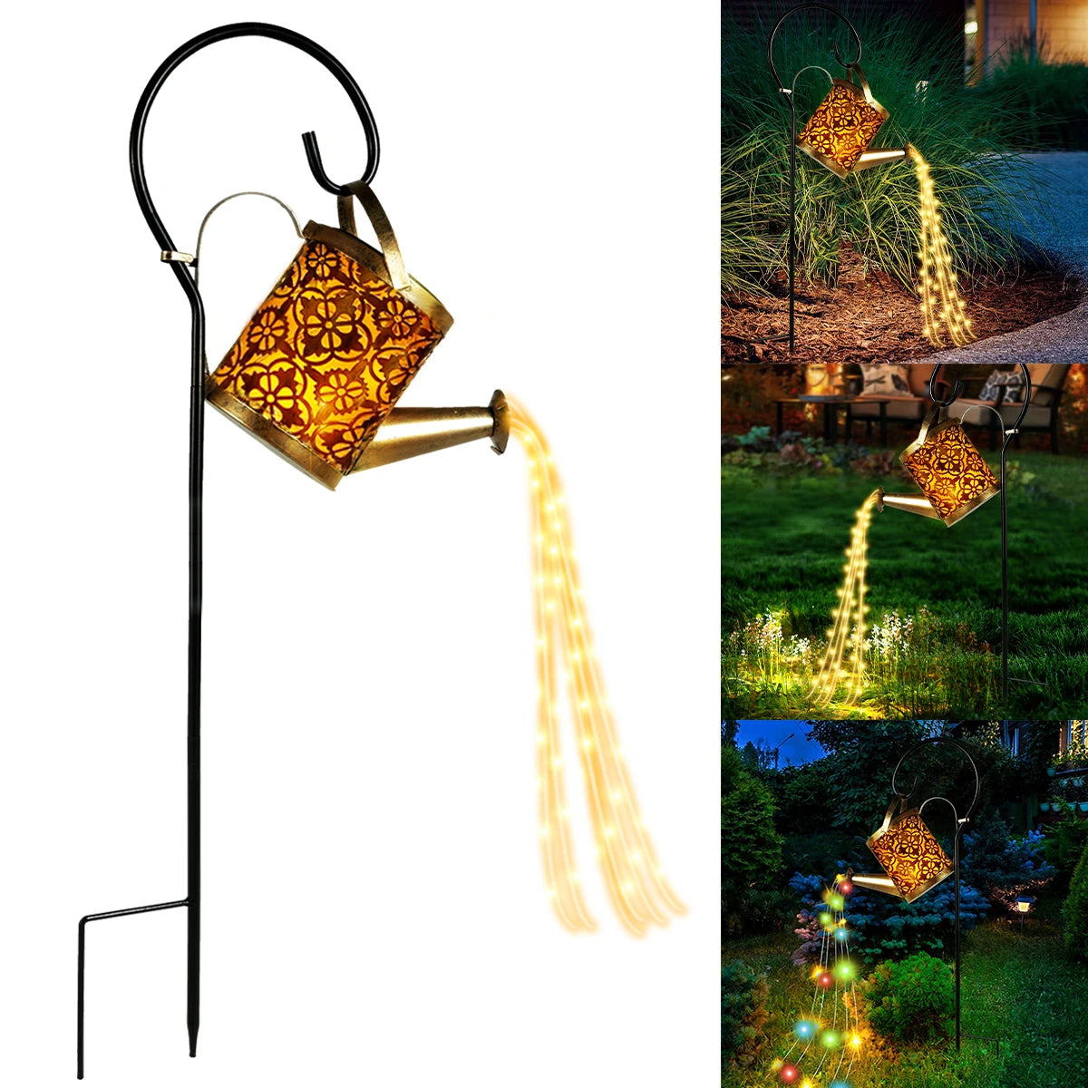 Lanternas solares rega pode ao ar livre rega pode água luz do gramado 36led chaleira luz da corda ferro retro jardim luzes da paisagem