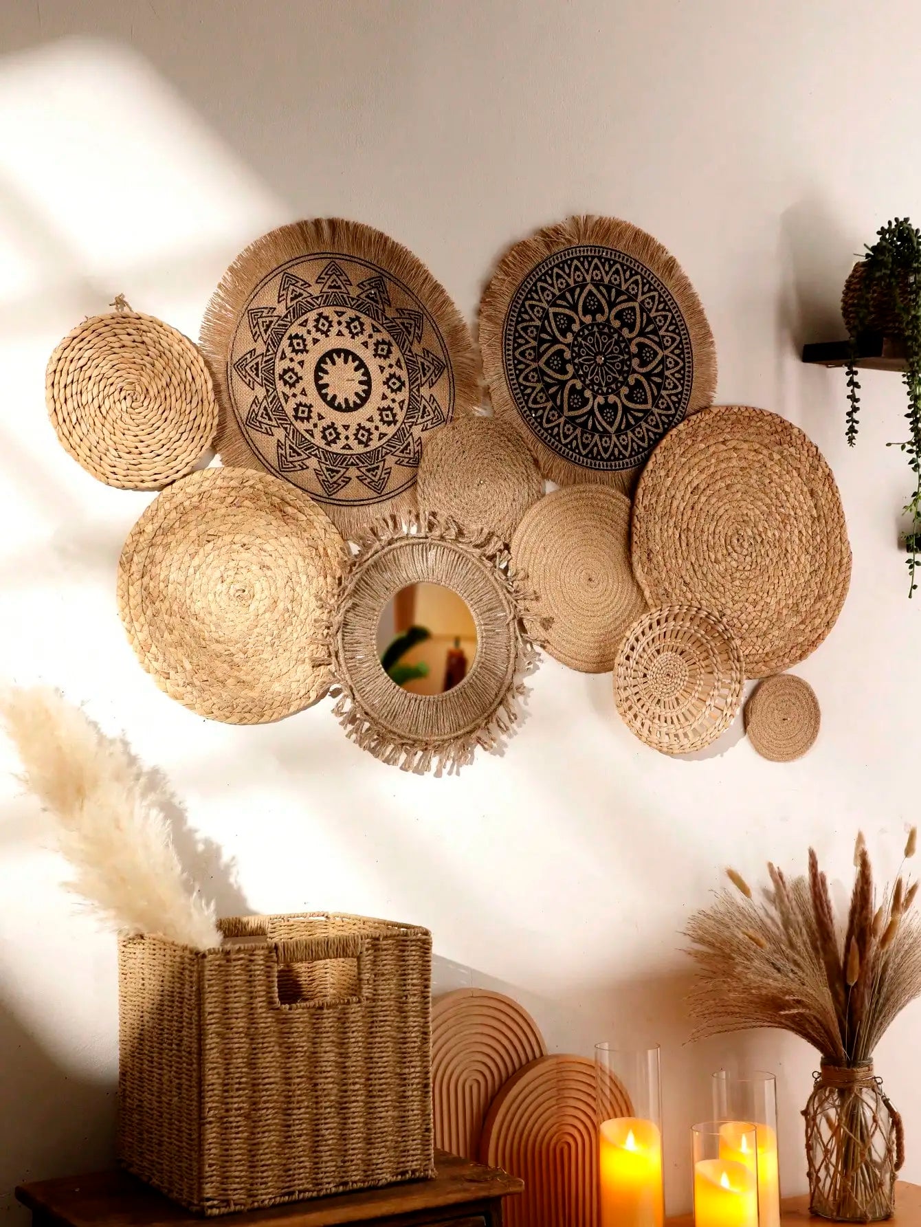 Pendurado cesta de parede de pano tecido artesanal decorativo rústico boho cestas de parede decoração casa fazenda vime redondo cestas de ervas marinhas