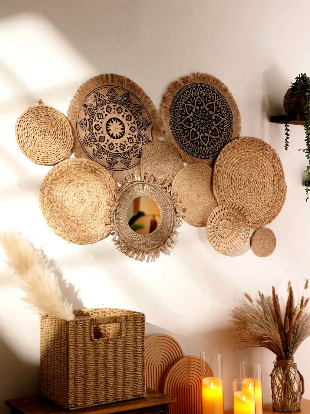 Pendurado cesta de parede de pano tecido artesanal decorativo rústico boho cestas de parede decoração casa fazenda vime redondo cestas de ervas marinhas