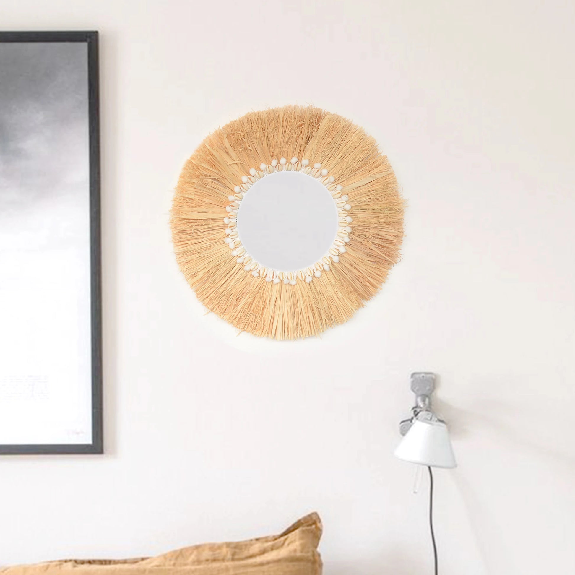 Boho mobiliário doméstico floresta ráfia espelhos de parede decorativos ráfia tecido escudo pequeno fio bola tapeçaria sala estar decoração espelho