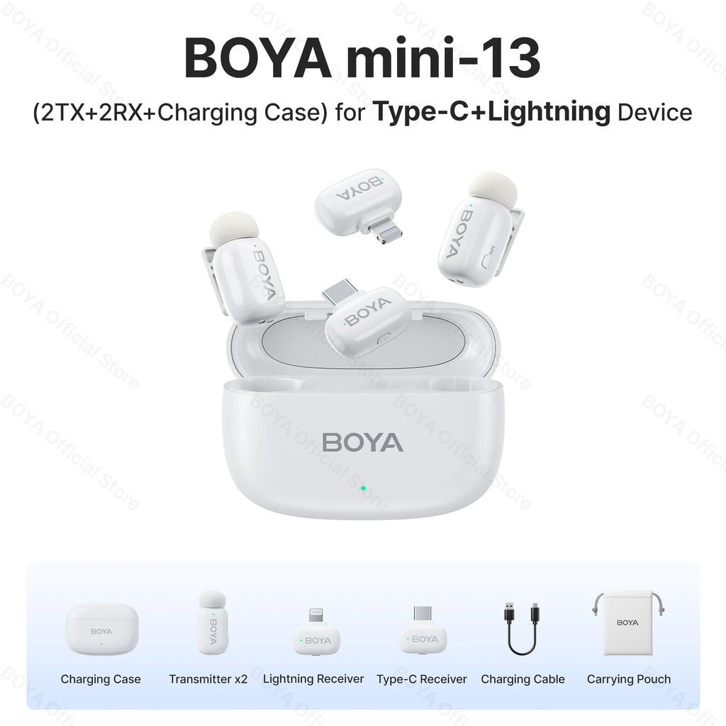 BOYA BOYA Mini Microfone de lapela sem fio com cancelamento de ruído para iPhone iPhone15-16 iPad Android Tipo C Smartphone, Câmera, YouTube Jogo Áudio ao vivo Gravação de vídeo Entrevista Vlog Transmissão sem fio 100m