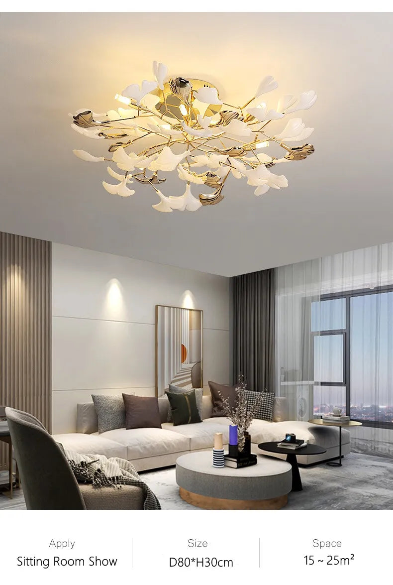 Moderno nórdico ginkgo ramo folha g9 led lustre de teto para sala estar jantar luminária decoração casa lustre iluminação interior