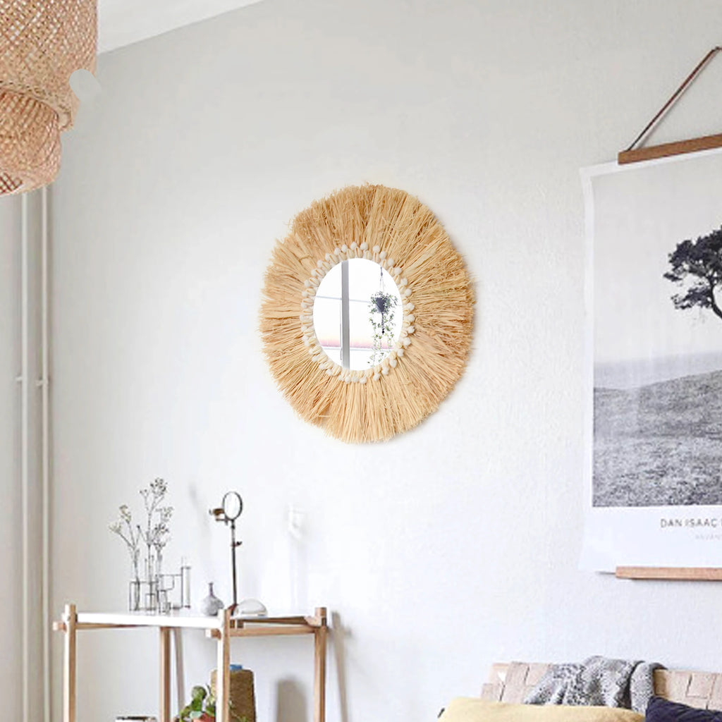 Boho mobiliário doméstico floresta ráfia espelhos de parede decorativos ráfia tecido escudo pequeno fio bola tapeçaria sala estar decoração espelho
