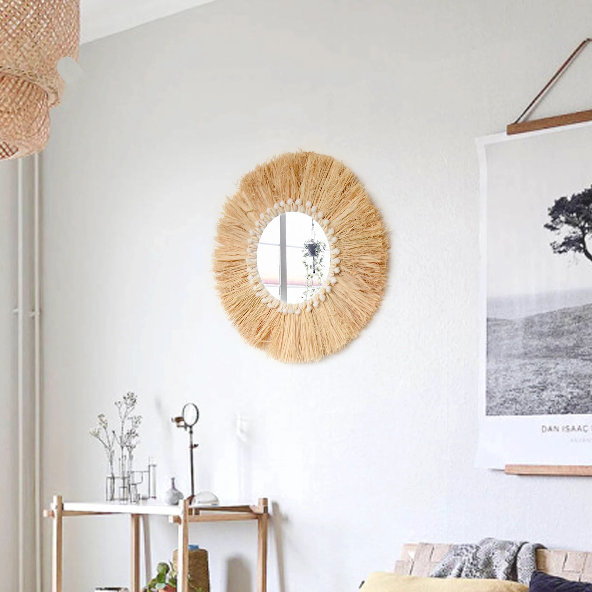 Boho mobiliário doméstico floresta ráfia espelhos de parede decorativos ráfia tecido escudo pequeno fio bola tapeçaria sala estar decoração espelho