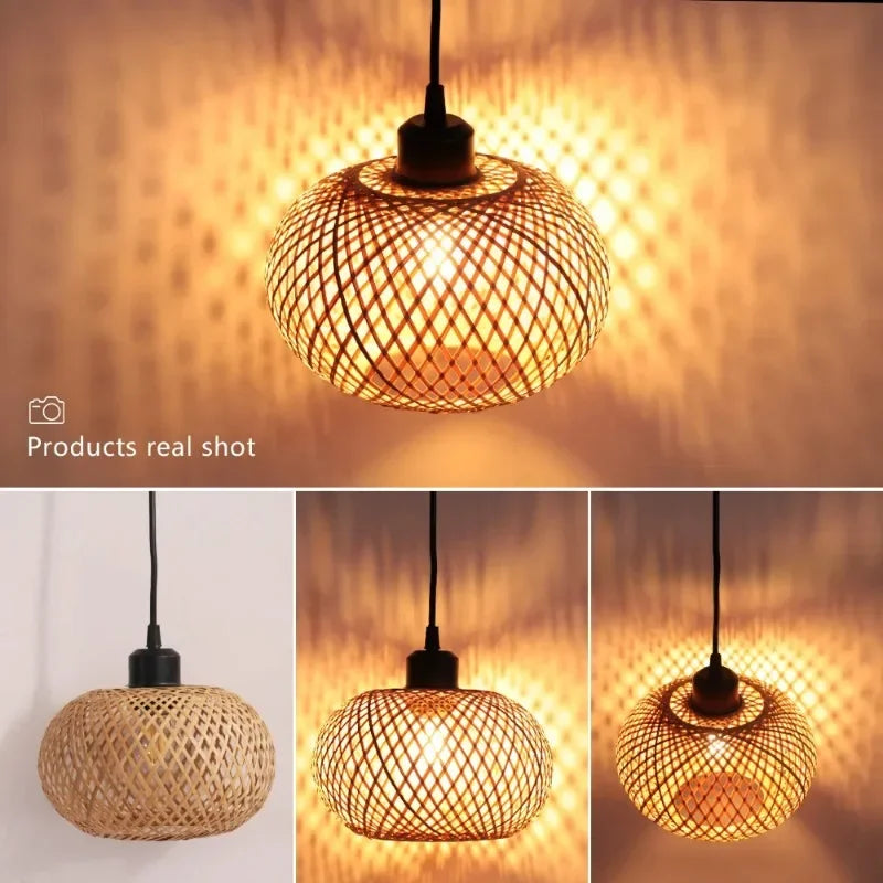 Lâmpada pingente de bambu lustre pendurado lâmpada artesanal rattan pingente luminária restaurante sala jantar iluminação interior