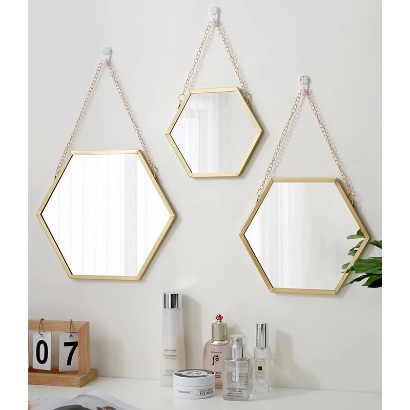 Forma hexagonal espelho decorativo decoração da parede maquiagem pendurado espelho banheiro espelho cosmético quarto decoração da parede