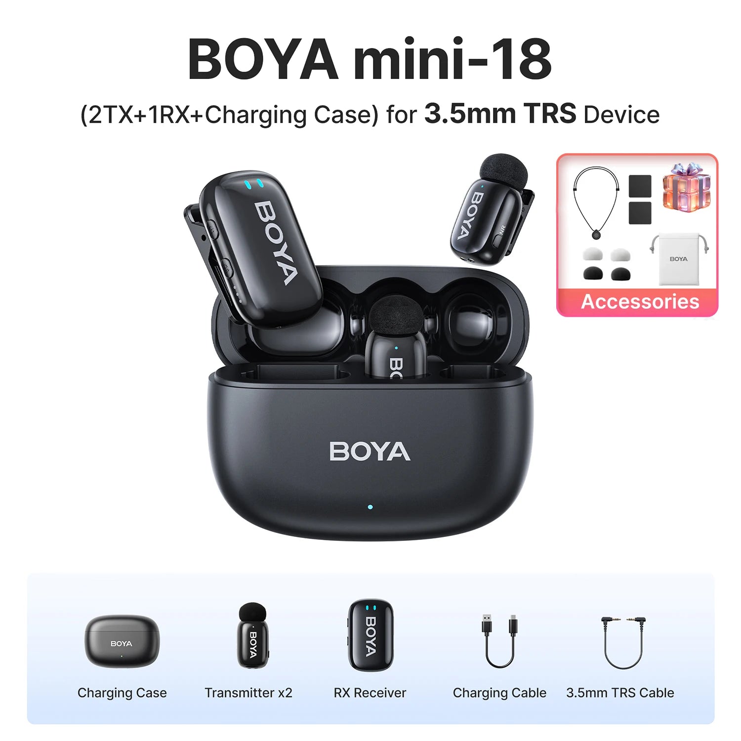 BOYA BOYA Mini Microfone de lapela sem fio com cancelamento de ruído para iPhone iPhone15-16 iPad Android Tipo C Smartphone, Câmera, YouTube Jogo Áudio ao vivo Gravação de vídeo Entrevista Vlog Transmissão sem fio 100m