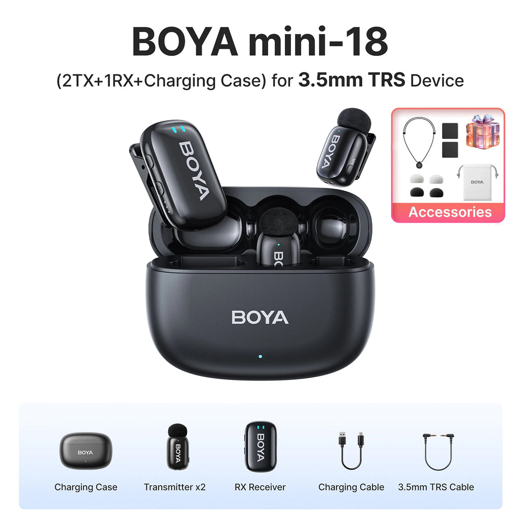 BOYA BOYA Mini Microfone de lapela sem fio com cancelamento de ruído para iPhone iPhone15-16 iPad Android Tipo C Smartphone, Câmera, YouTube Jogo Áudio ao vivo Gravação de vídeo Entrevista Vlog Transmissão sem fio 100m