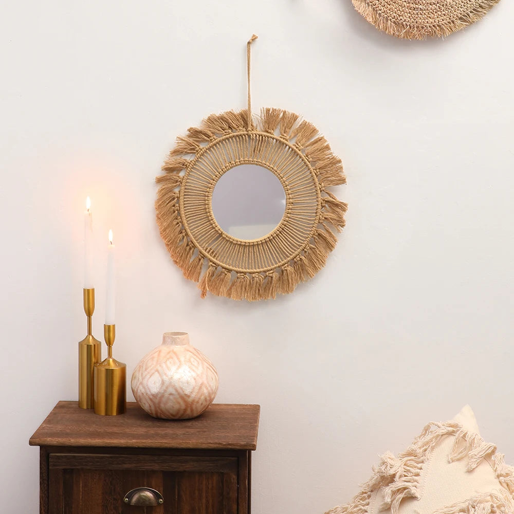 Espelhos de parede redondos decoração do quarto mão tecido espelho decorativo pendurado na parede para apartamento sala estar quarto decoração casa