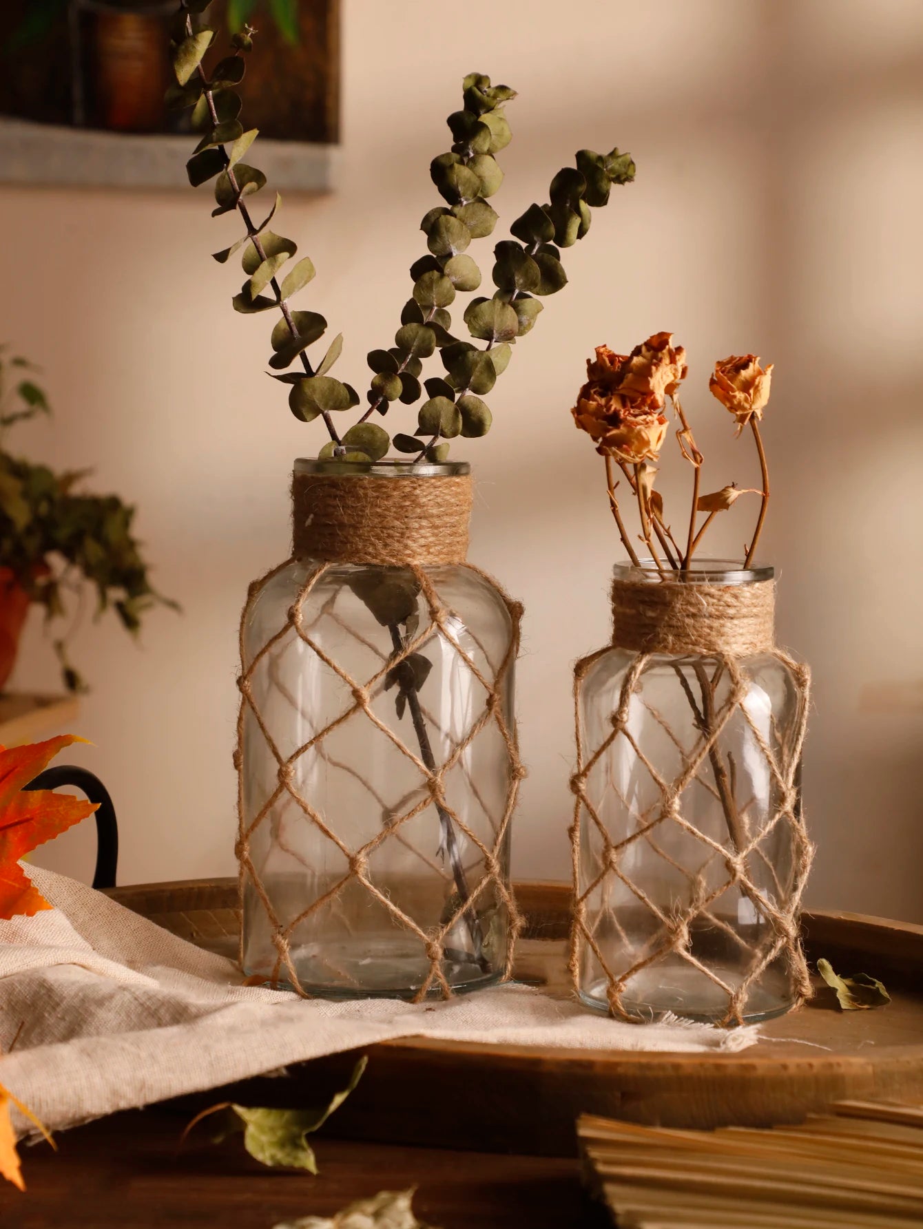 Mão tecido corda de cânhamo vaso de vidro flor seca decoração arte vaso de vidro nordic sala estar decoração mesa quarto boho decoração para casa