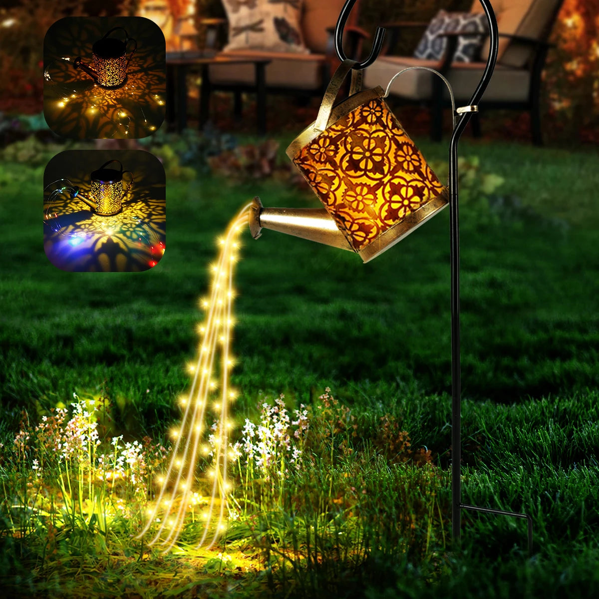 Lanternas solares rega pode ao ar livre rega pode água luz do gramado 36led chaleira luz da corda ferro retro jardim luzes da paisagem